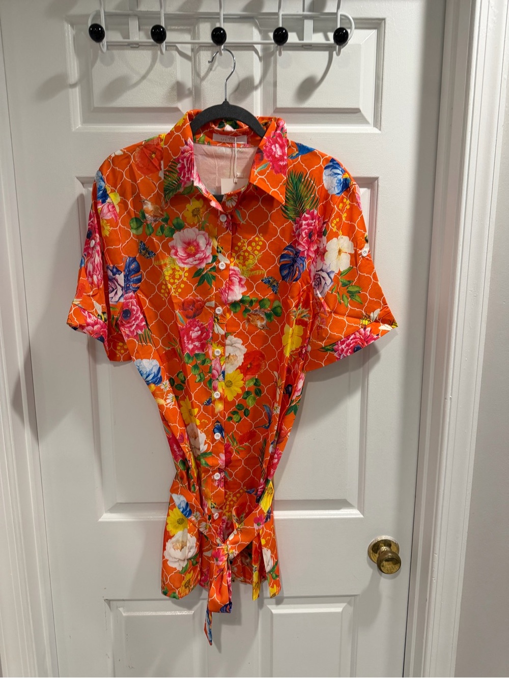 NWT Endless Moon Boutique Orange Floral Button-Up Tie-Waist Blouse Sz S M L